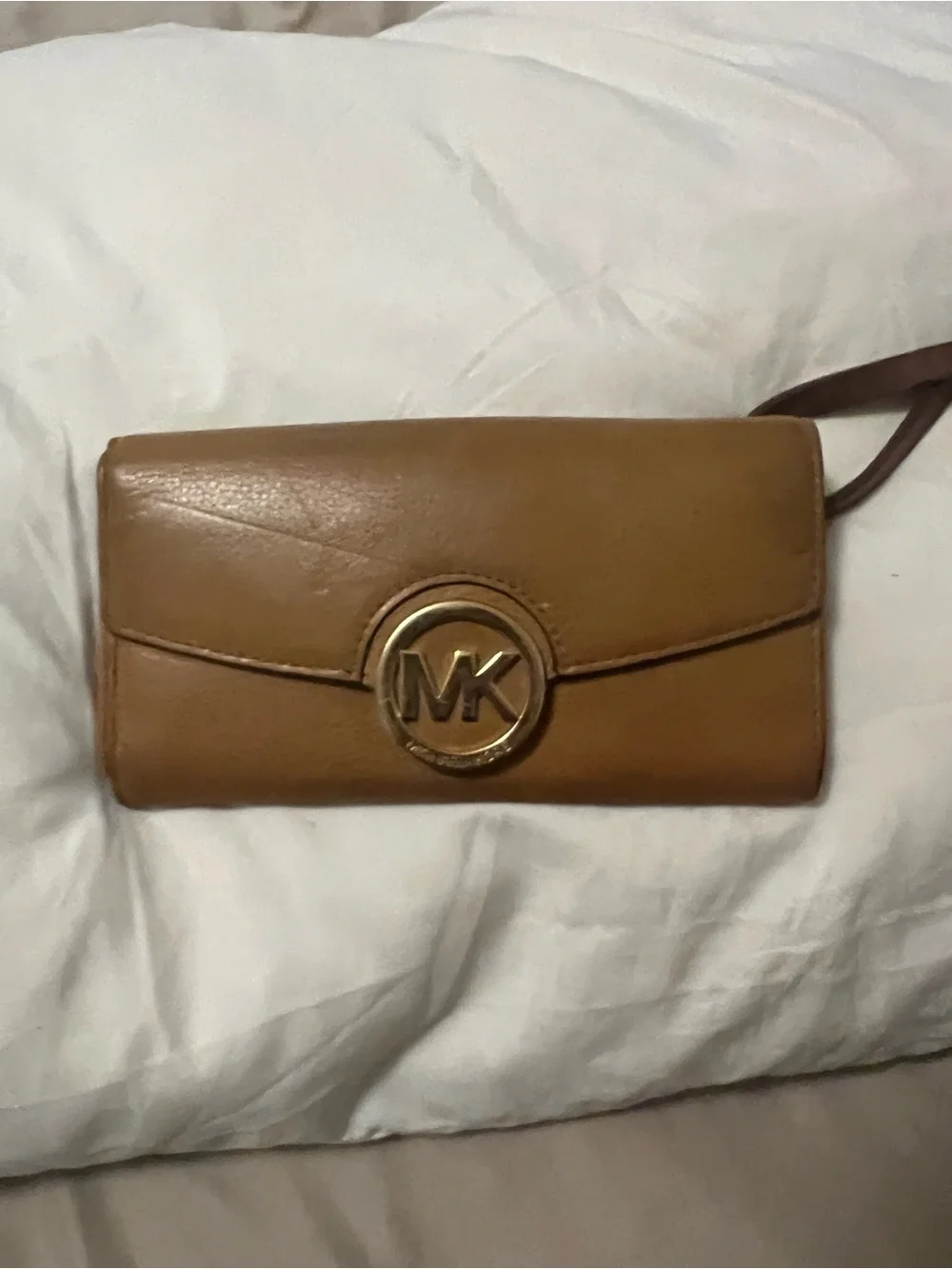 Michael Kors Caramel Leather MK Logo Wristlet Clutch